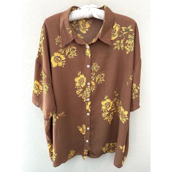 Roolee Tops - ROOLEE | Brown Yellow Floral Oversized Boxy Button Front Short Sleeve Top | XL